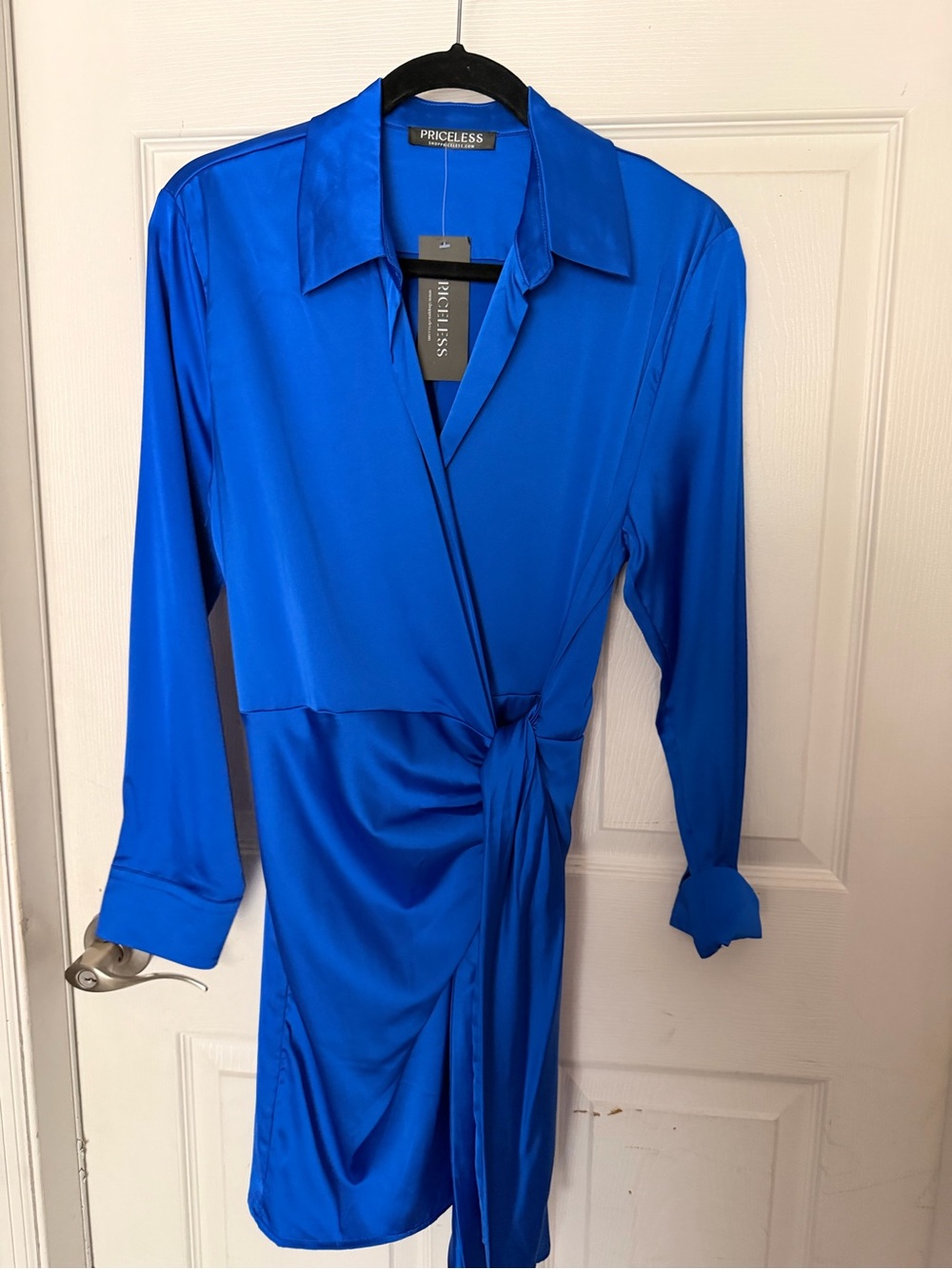 Priceless Cobalt Wrap Shirt Dress with Tie Waist